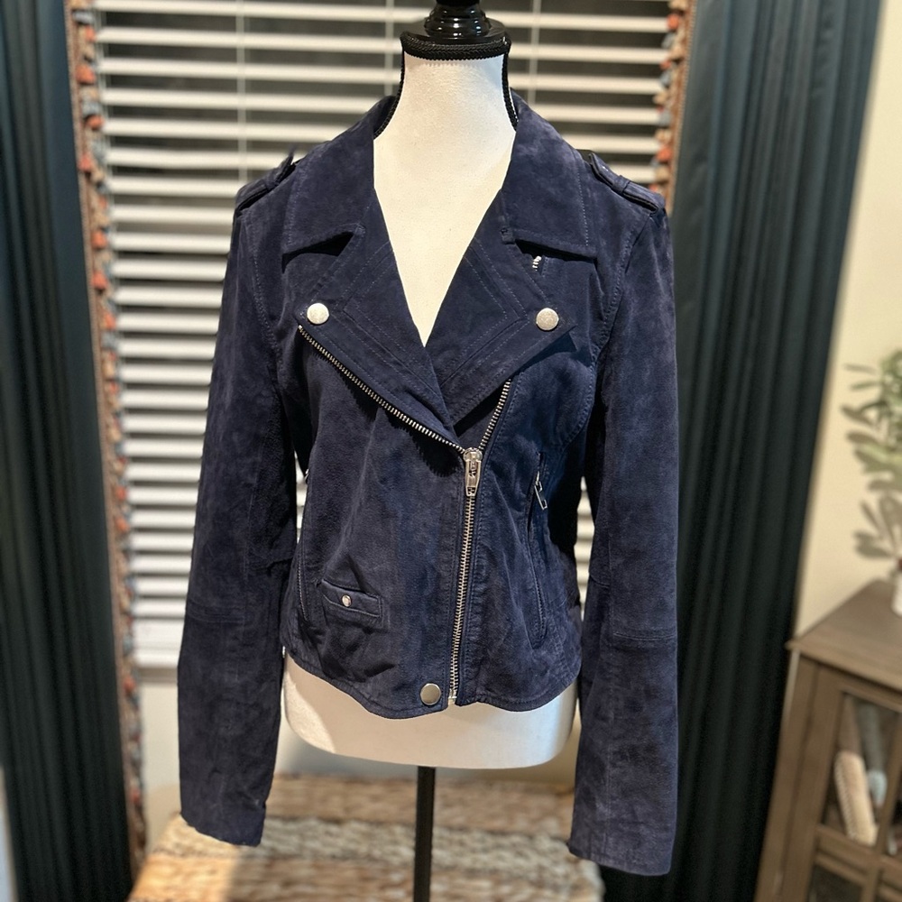 Elegant Navy Suede Biker Jacket